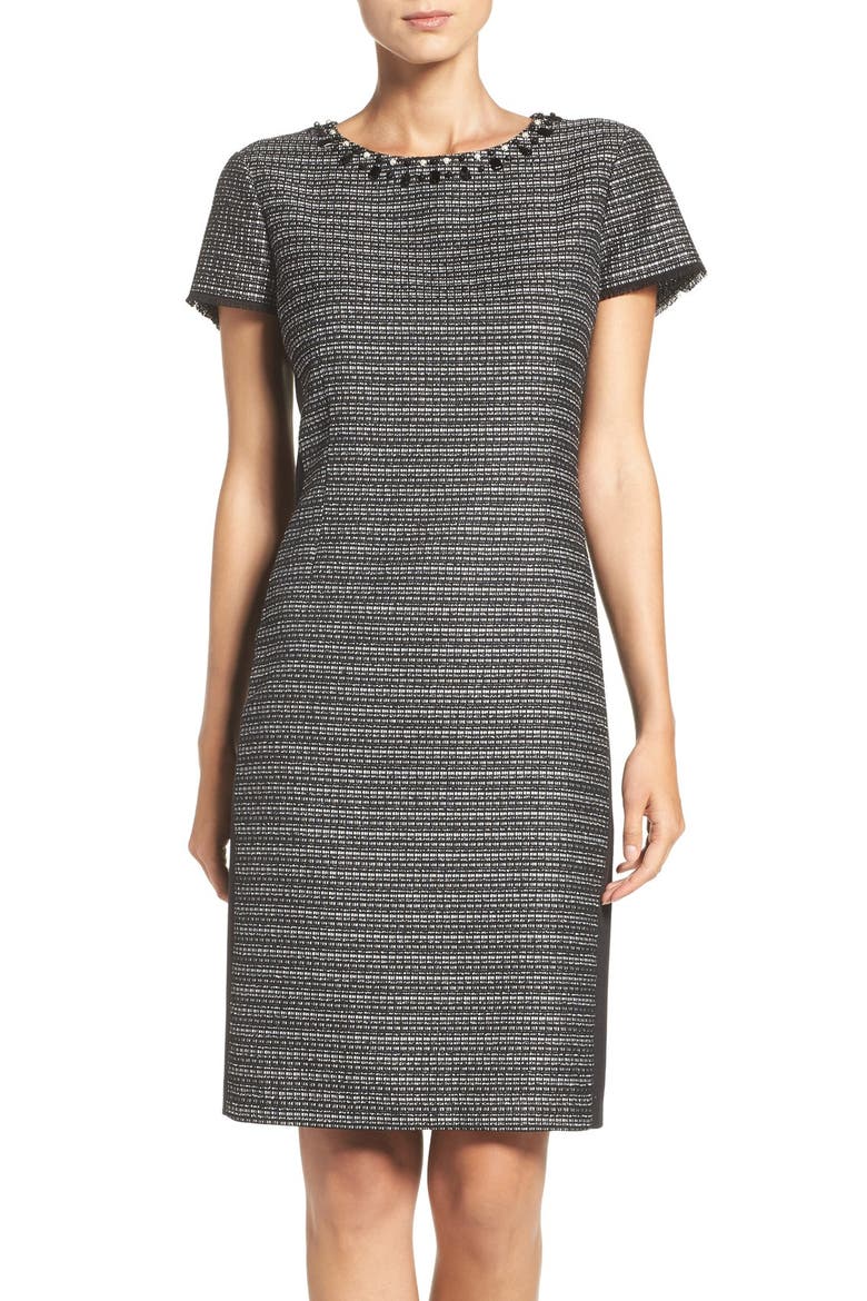Embellished Tweed Shift Dress, Main, color, BLACK/ IVORY