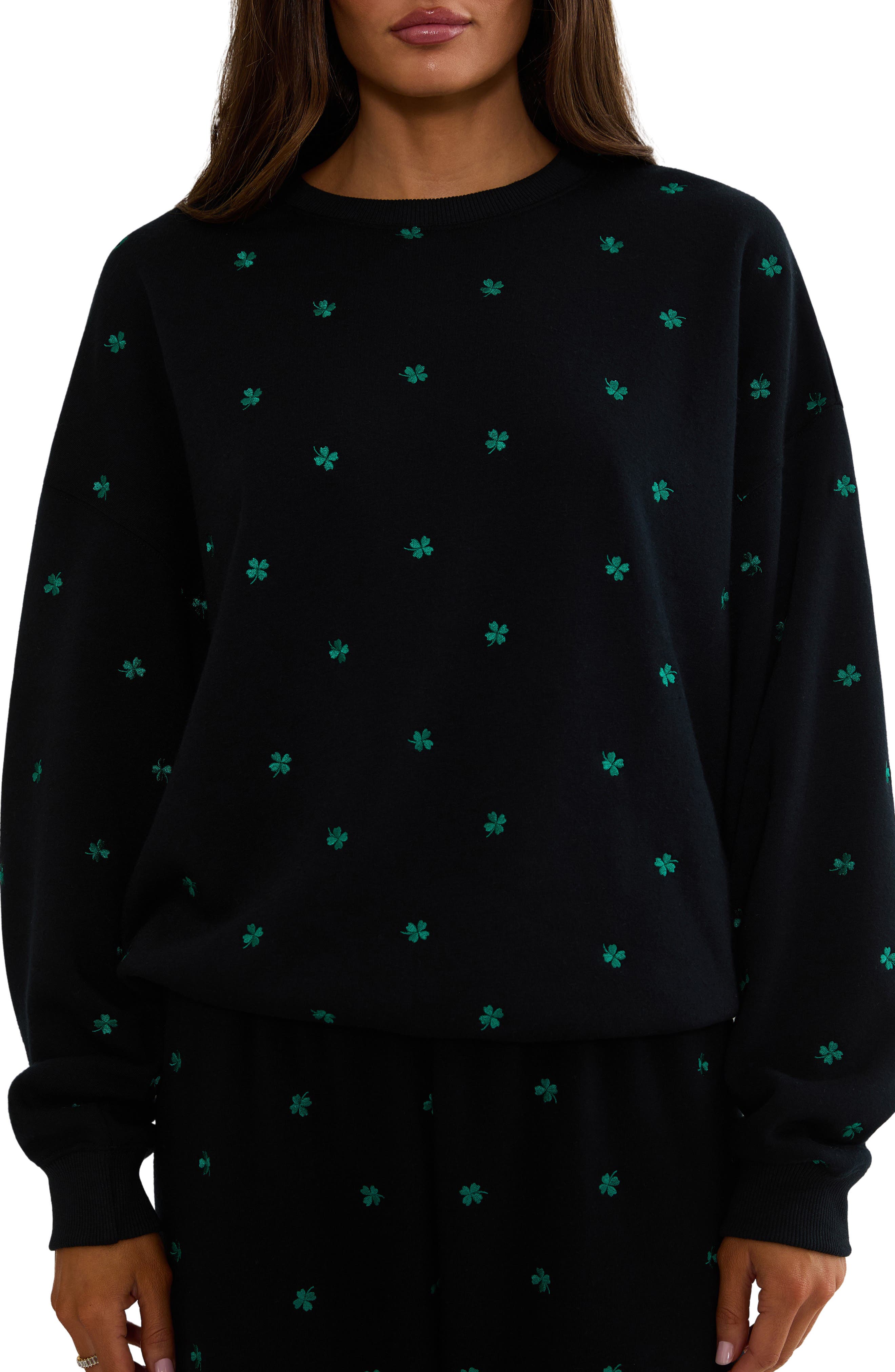 Beach Riot Devyn Embroidered Clovers Oversized Sweatshirt