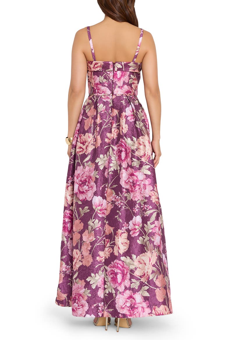 Floral Jacquard Sleeveless Satin Gown, Alternate, color, PLUM MULTI