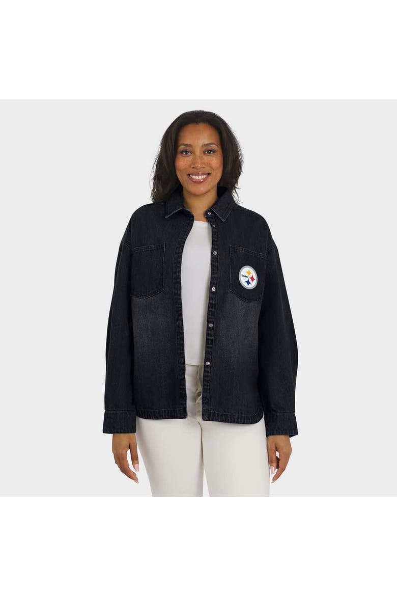 Women's WEAR by Erin Andrews Black Pittsburgh Steelers Washed Oversized Denim Full-Snap Shacket, Alternate, color, Black