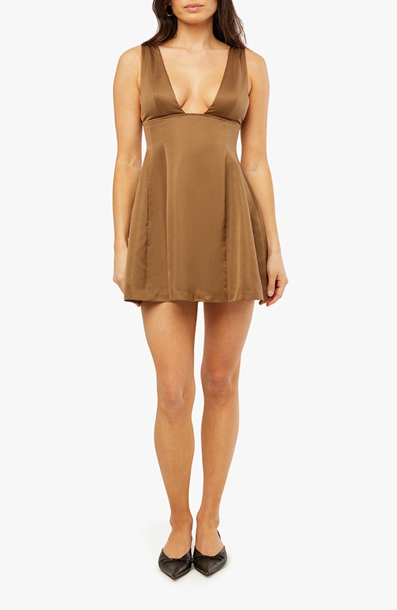 WeWoreWhat Plunge Neck Fit & Flare Minidress, Main, color, Brown