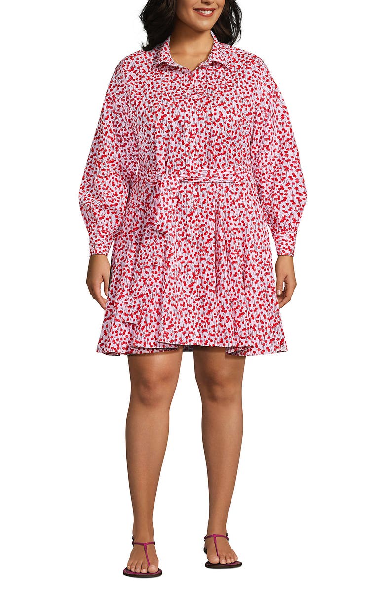 Lands' End Poplin Button Front Dress with Godets, Main, color, White/Coral Red Painted Posies