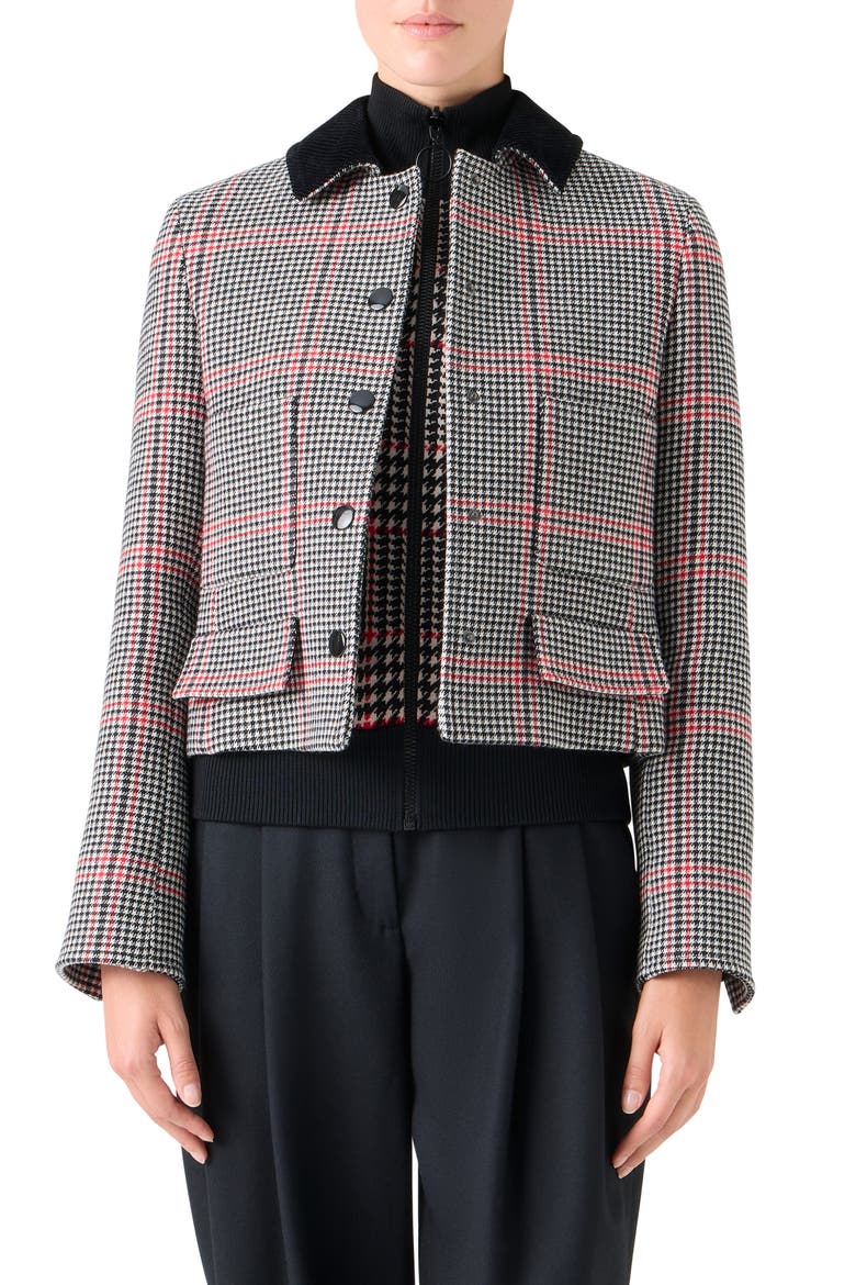 Glen Plaid Virgin Wool Crop Jacket, Main, color, BLACK-CREAM-VERMILLION