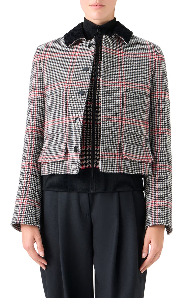 Akris punto Glen Plaid Virgin Wool Crop Jacket, Main, color, Black-Cream-Vermillion