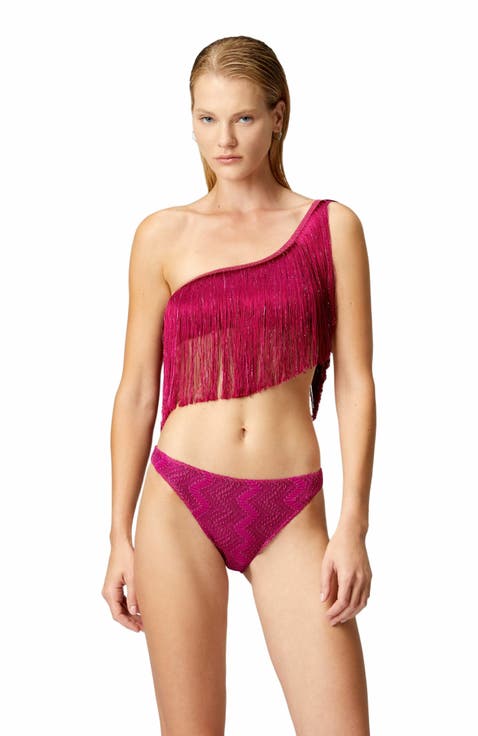 One-shoulder Zigzag Lamé Viscose Bikini With Fringes