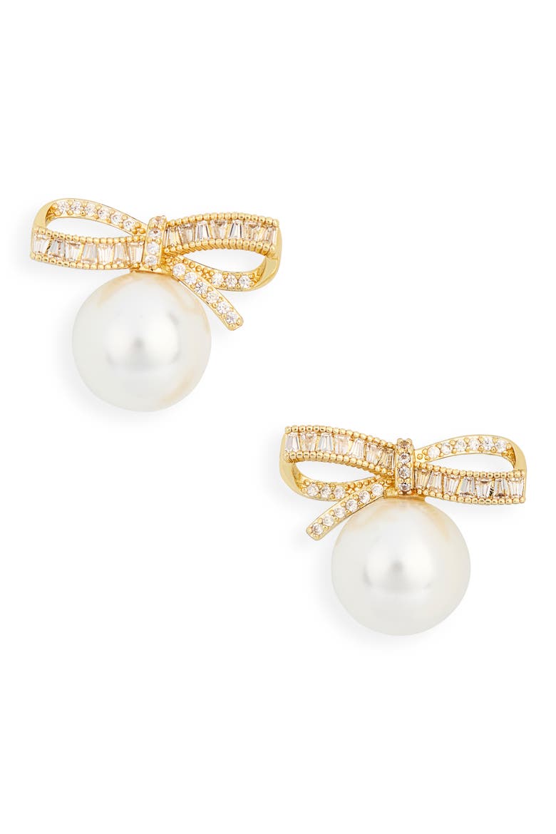 Faux Pearl Bow Stud Earrings, Main, color, CLEAR- WHITE- GOLD
