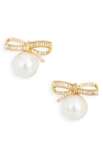 Nordstrom Rack Faux Pearl Bow Stud Earrings In Gold