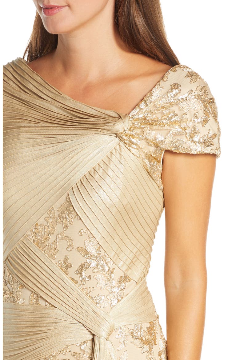 Pintuck Wrapped Embroidered Lace Gown, Alternate, color, GOLD