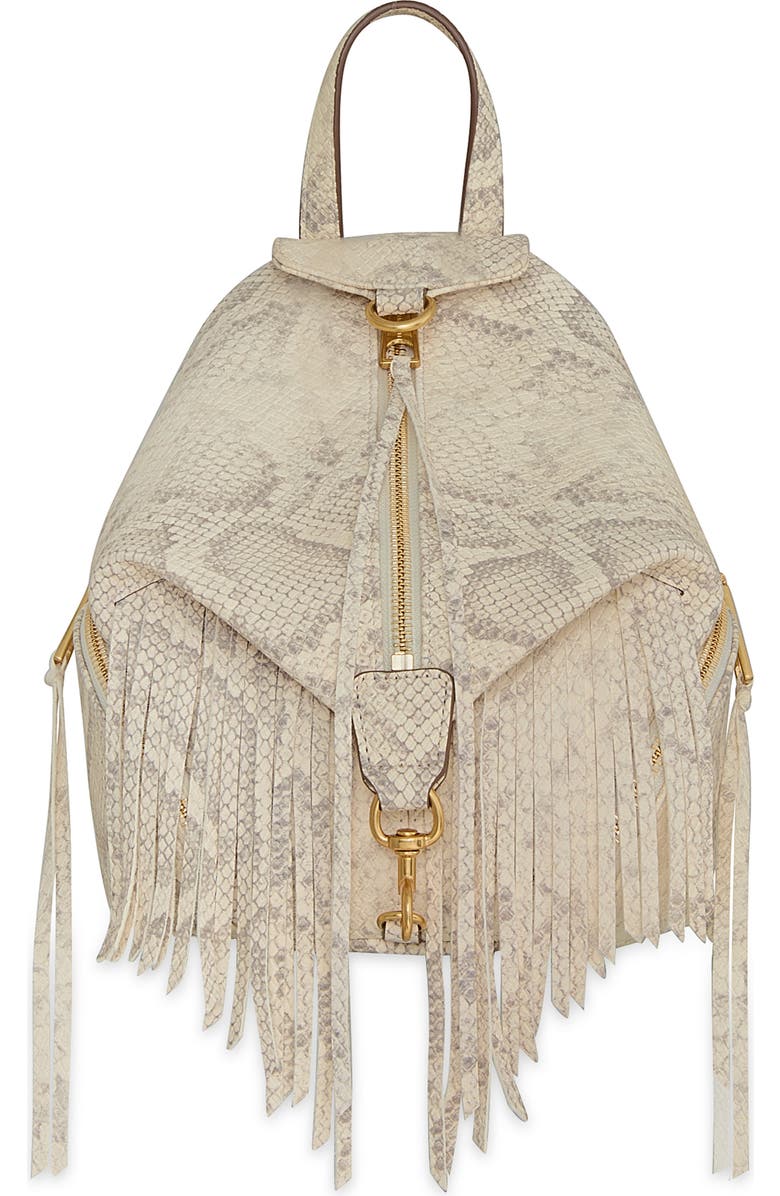 Rebecca Minkoff Mini Julian Snakeskin Print Fringe Convertible Backpack, Main, color,