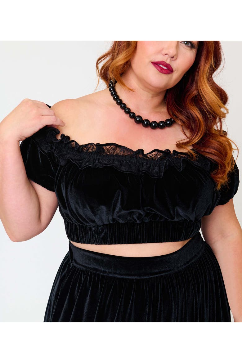 Plus Size 1970s Off Ruffle Up Crop Top, Alternate, color, Black Solid