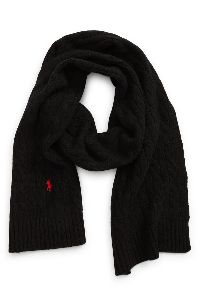 Polo Ralph Lauren Cable Merino Wool Blend Scarf, Main, color, Black
