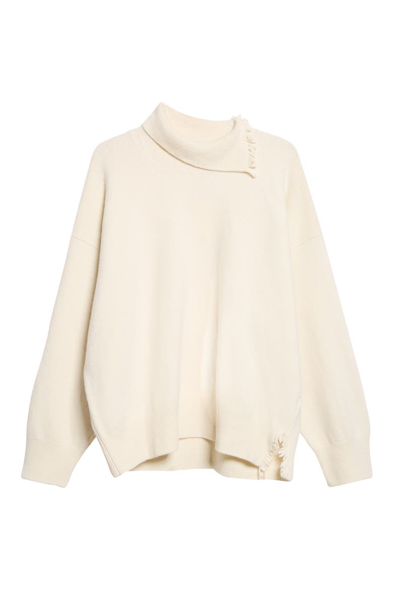 Fringe Asymmetric Wool Turtleneck Sweater, Alternate, color, OFF WHITE