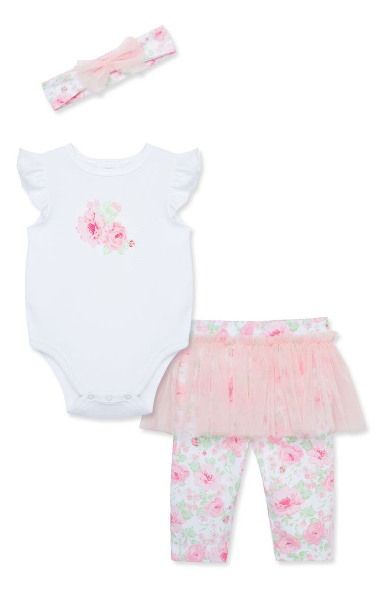 Little Me Roses Bodysuit, Skeggings & Headband Set, Main, color,