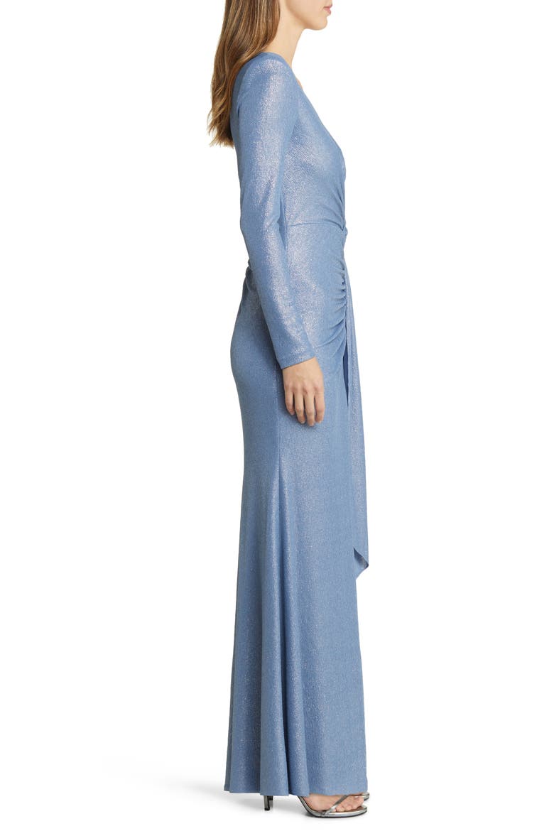 Ruched Metallic Side Drape Long Sleeve Gown, Alternate, color, BLUE