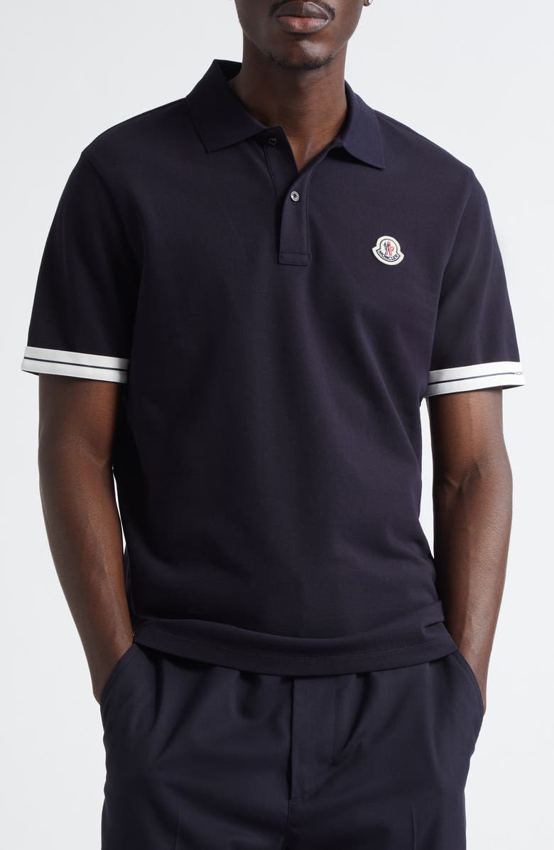 Moncler Tipped Cotton Piqué Polo, Main, color, Navy Blue