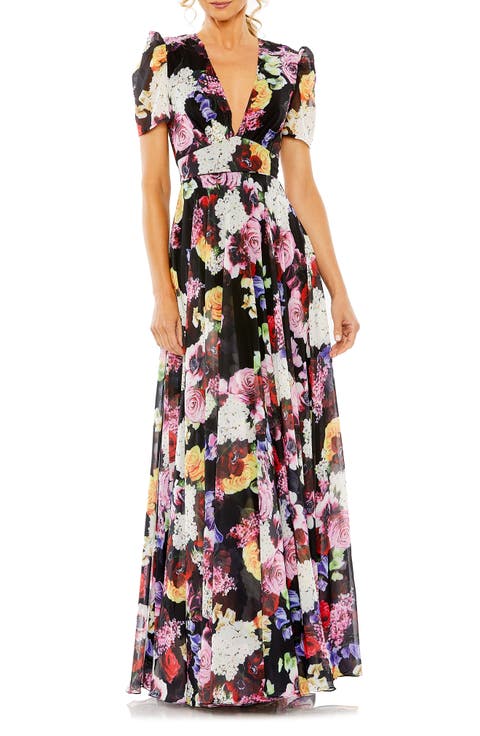 Floral print mesh cap sleeve gown