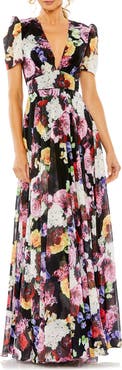 Ieena for Mac Duggal Floral print mesh cap sleeve gown