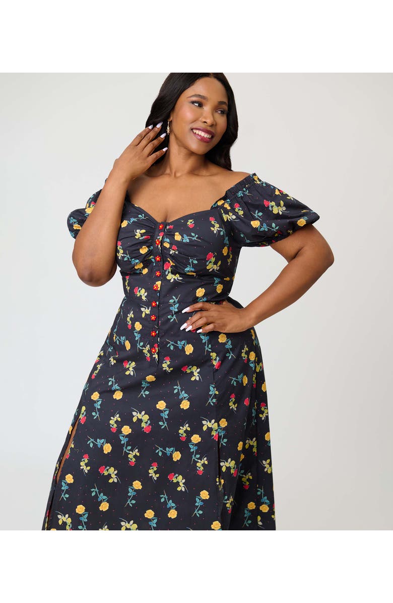 Unique Vintage Plus Size Sweetheart Midi Dress, Alternate, color, Black Floral Print