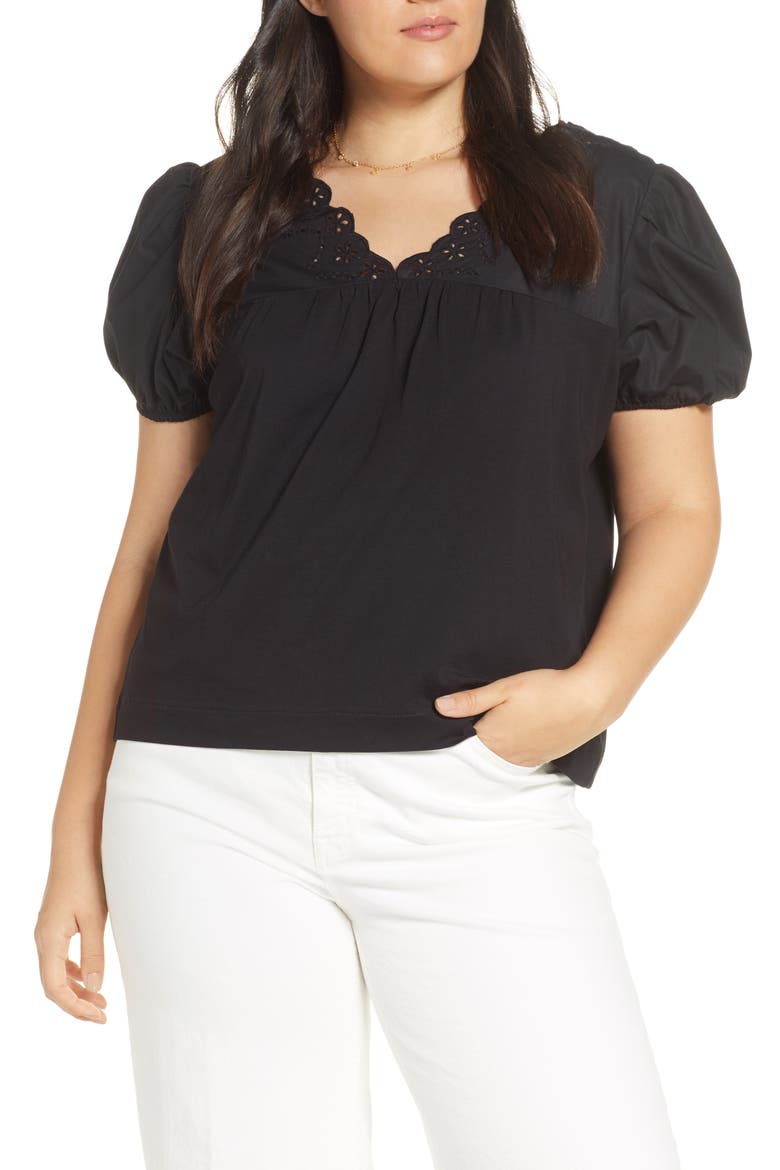 Eyelet Top with Puff Sleeves, Main, color, BLACK