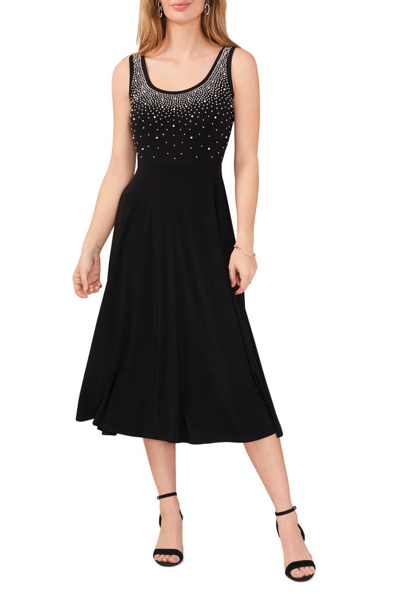 Embellished Imitation Pearl Fit & Flare Dress, Main, color, BLACK 001