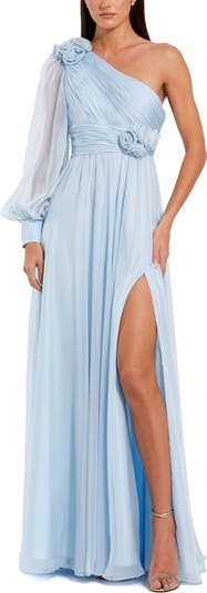 Mac Duggal◆3Dフラワー ドレス ロングドレス One Sleeve Ruched Chiffon Gown With 3D Flower - Mac Duggal