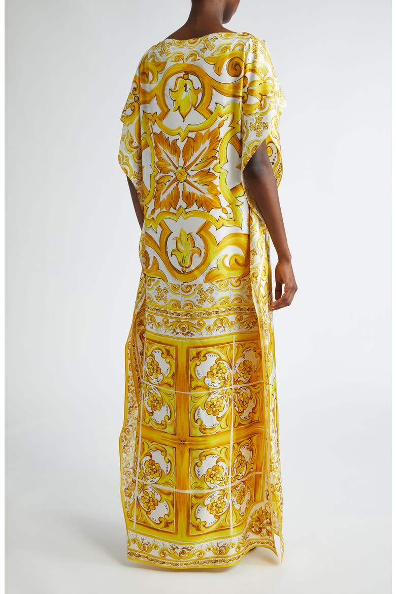Majolica Print Silk Charmeuse Caftan Dress, Alternate, color, MIX MAIOLICA GIALLO
