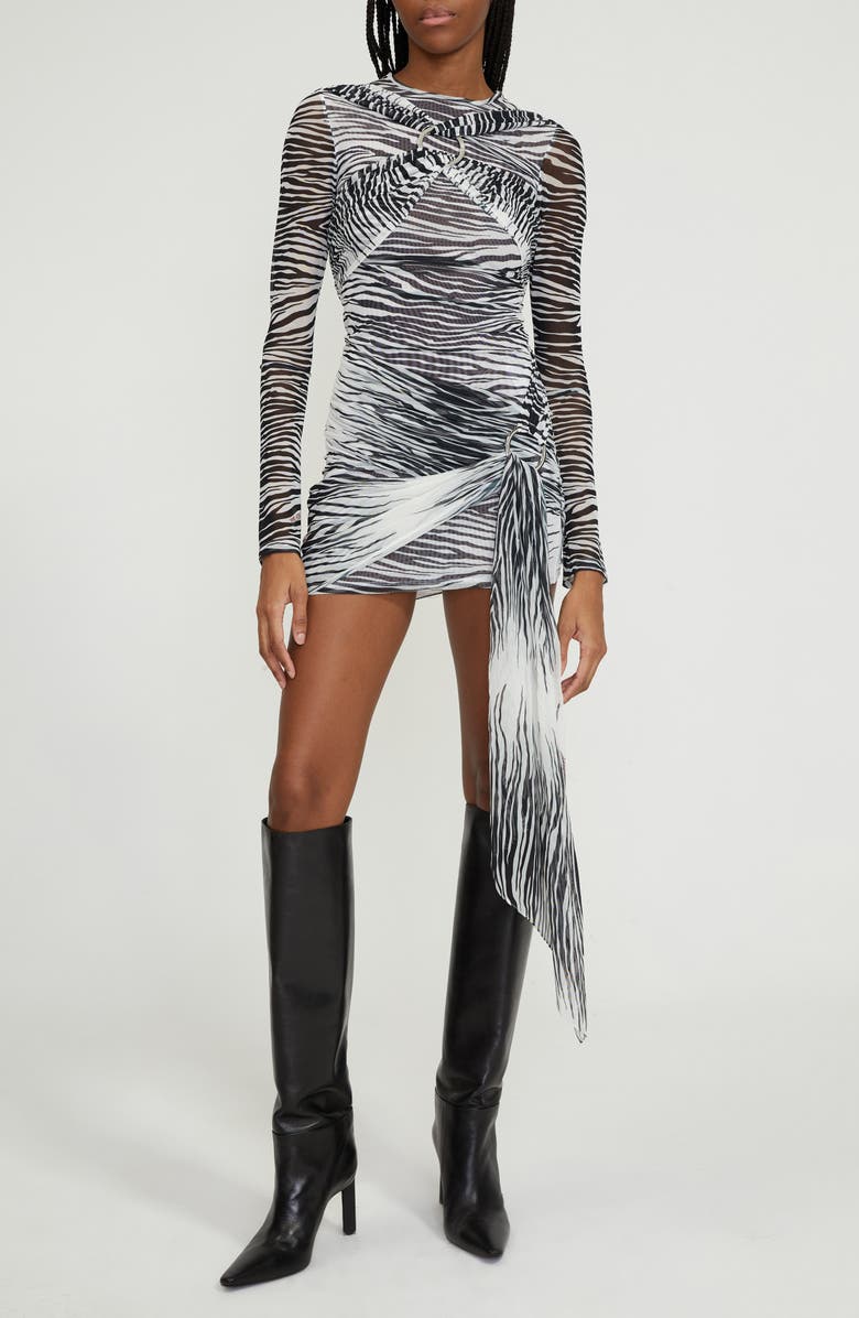 The Attico Fran Asymmetric Zebra Stripe Long Sleeve Tulle Minidress, Alternate, color,