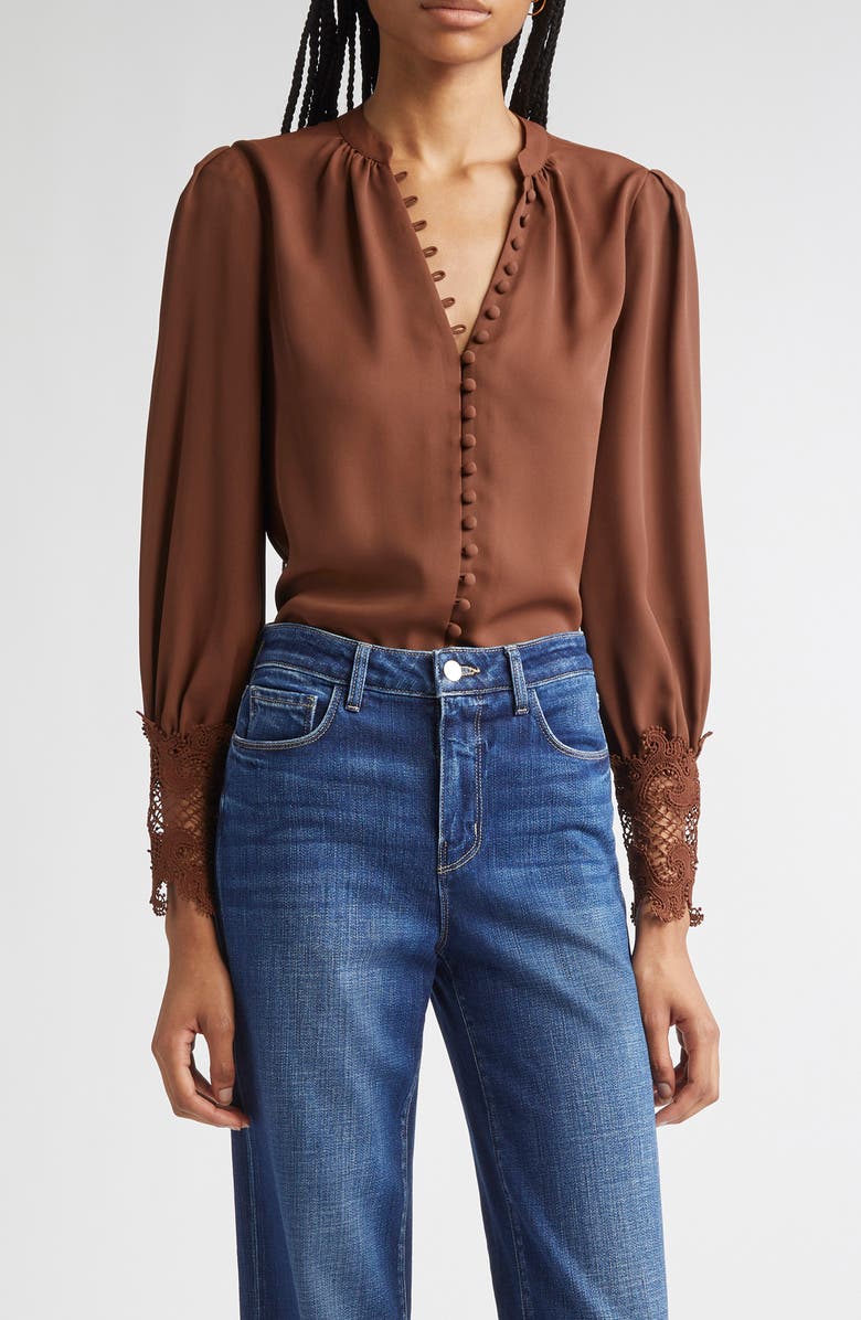 L'AGENCE Ava Lace Cuff Button-Up Blouse, Main, color, Hot Fudge