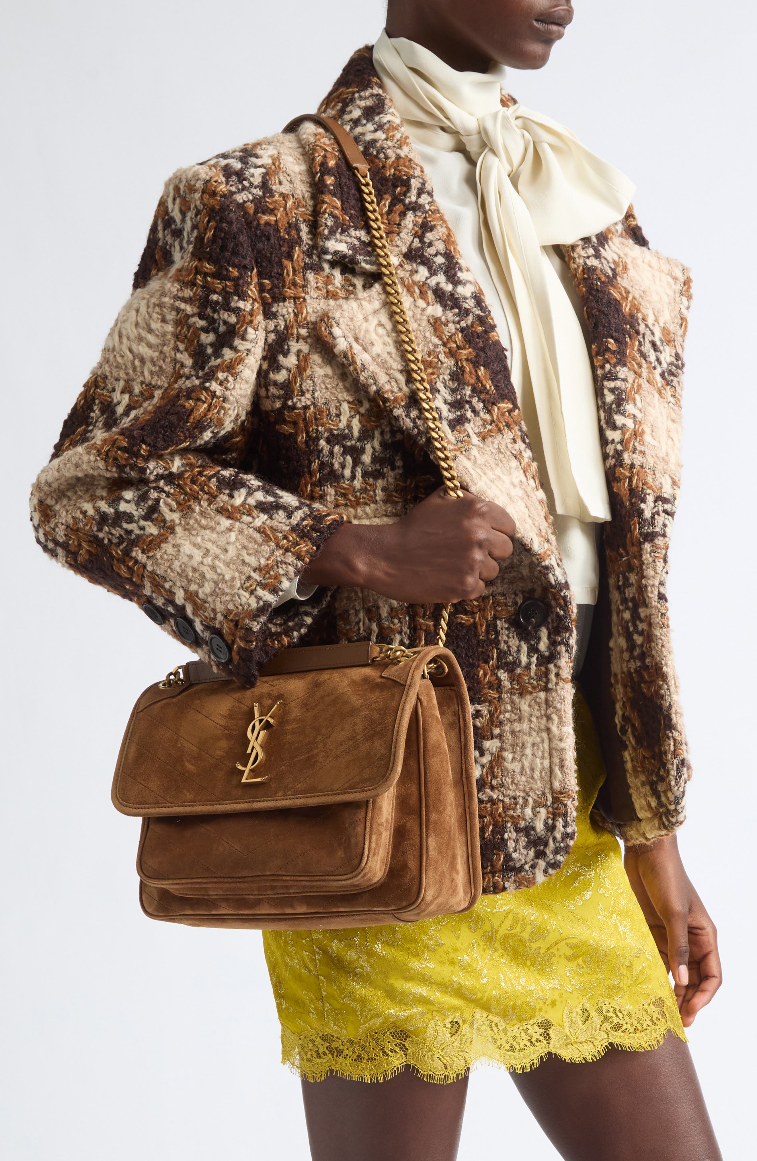 Medium Niki Suede Shoulder Bag, Alternate, color, CARAMEL COGNAC