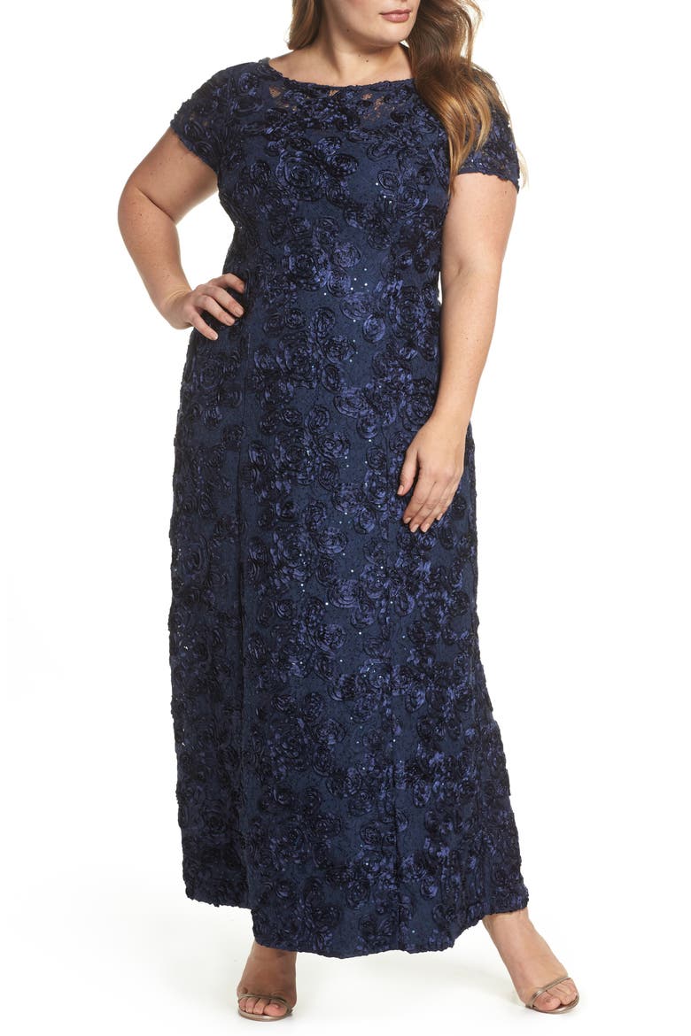 Rosette Lace Short Sleeve A-Line Gown, Main, color, NAVY