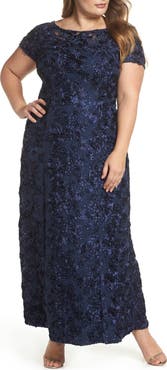 Alex Evenings Rosette Lace Short Sleeve A-Line Gown
