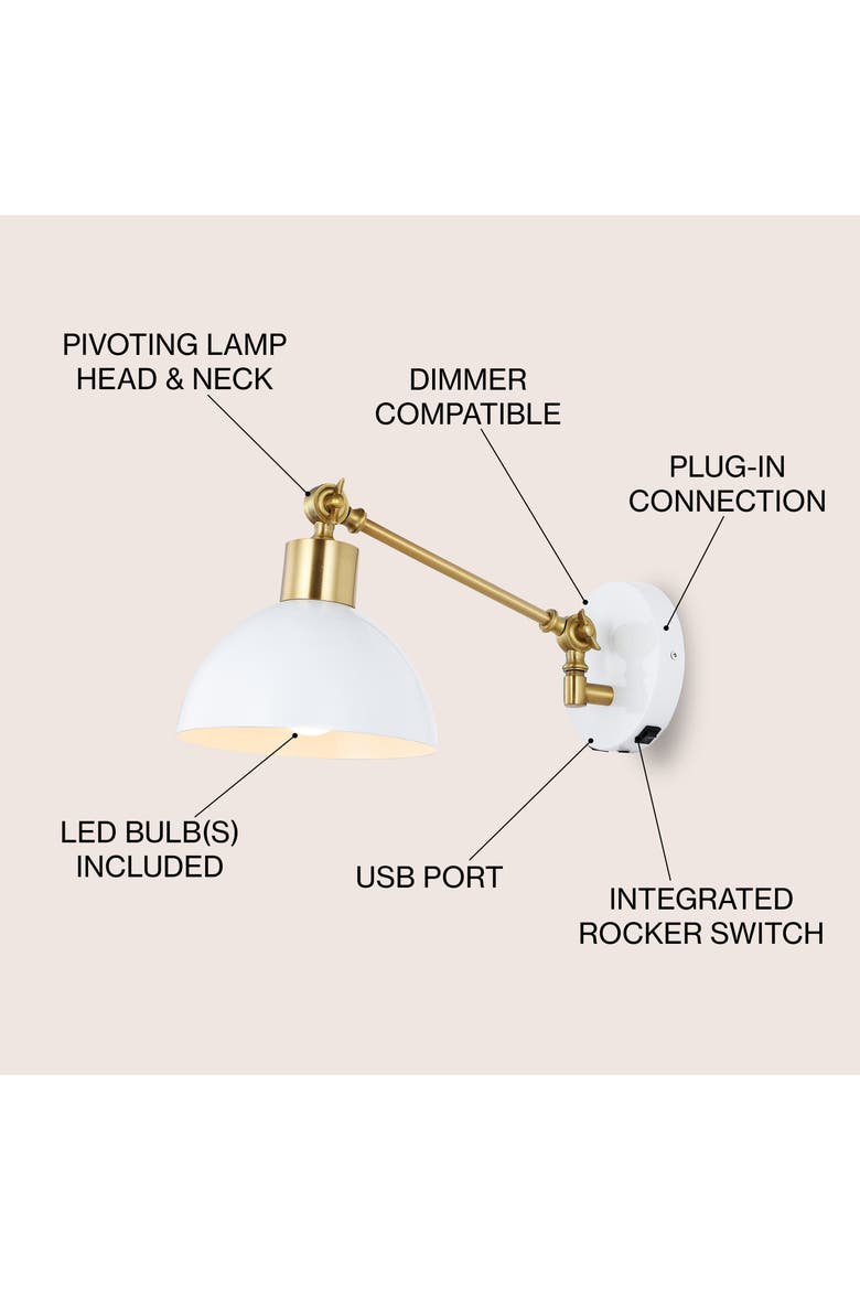 Lisa Swing Arm 1-Light Modern Midcentury Iron USB Charging Port LED Sconce, Alternate, color, White