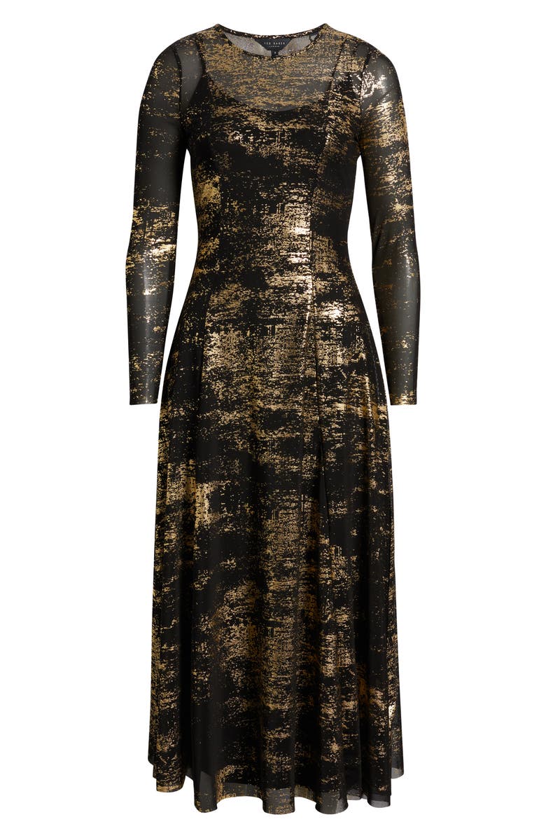 Ted Baker London Junhaa Long Sleeve Foiled Mesh Midi Dress, Alternate, color, 