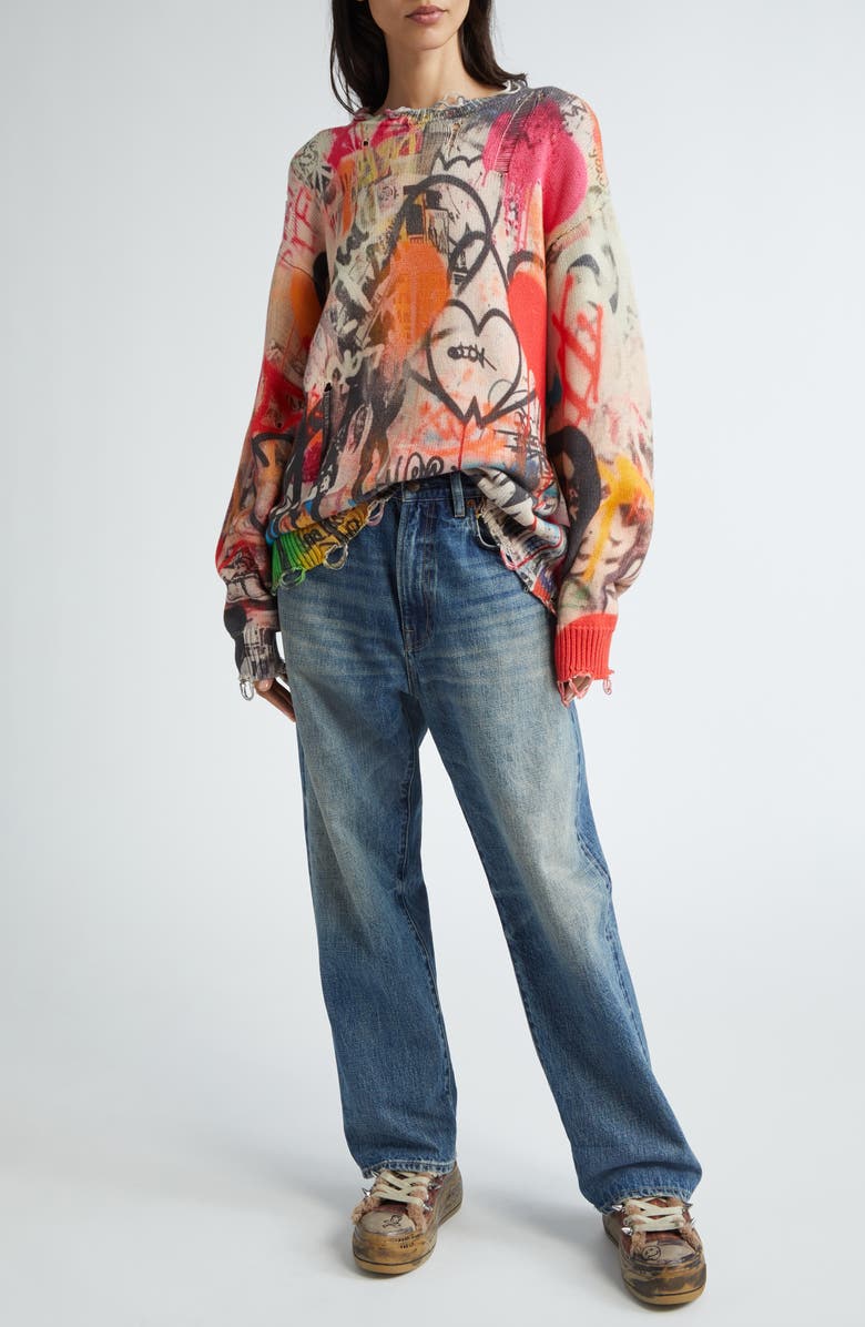 R13 Graffiti Print Distressed Cotton Sweater, Alternate, color, 