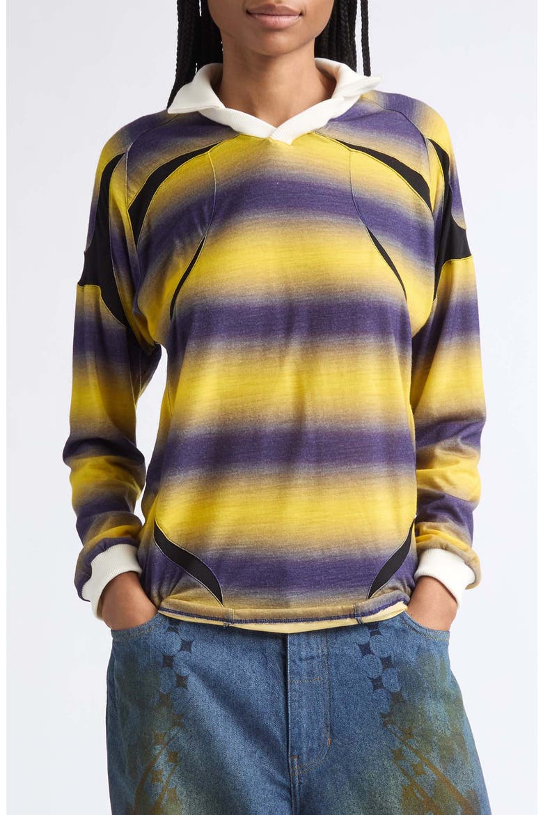 Long Sleeve Wool Sport Polo Top, Main, color, STRIPED YELLOW AND NAVY