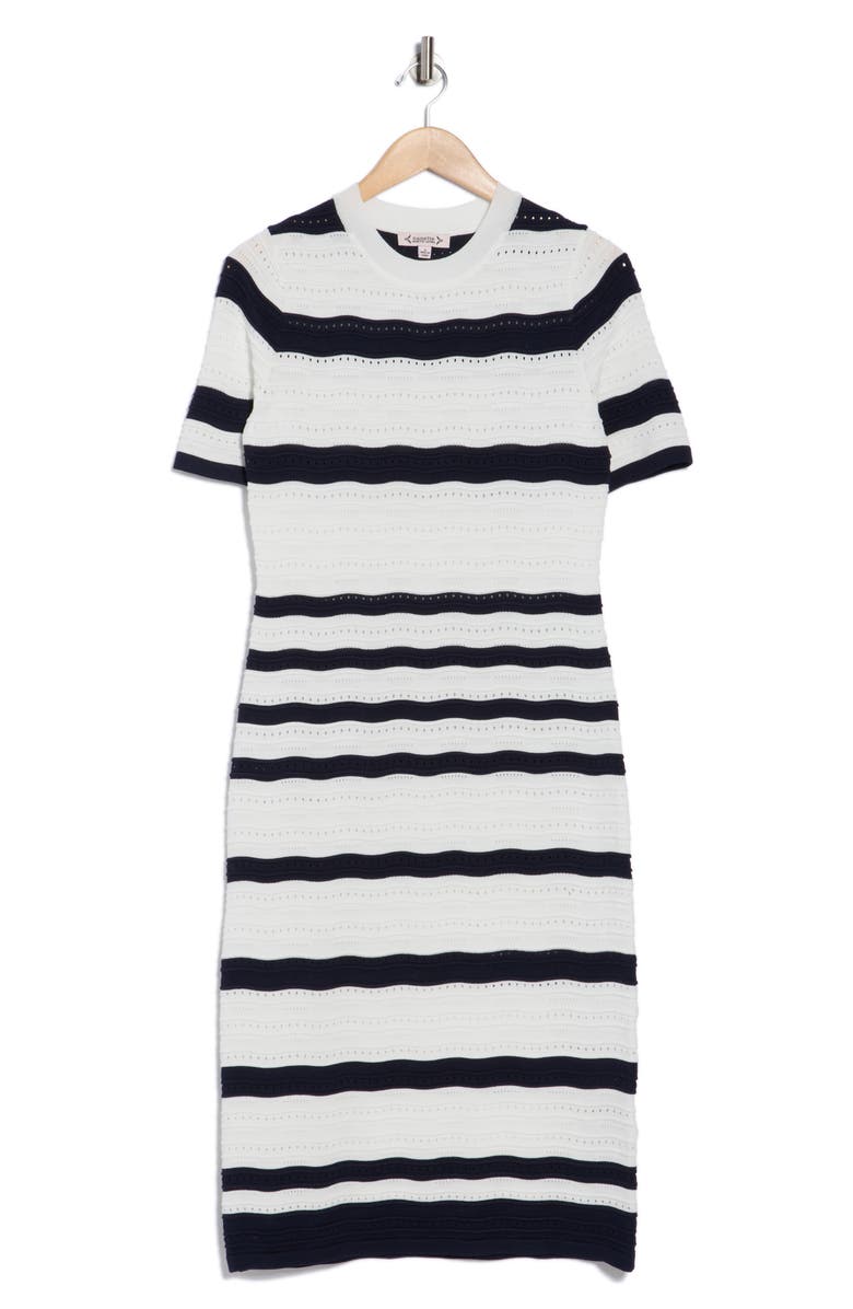 Nanette Lepore Stripe Pointelle Stitch Sweater Dress, Alternate, color, Nanette Navy/ Cannoli Cream