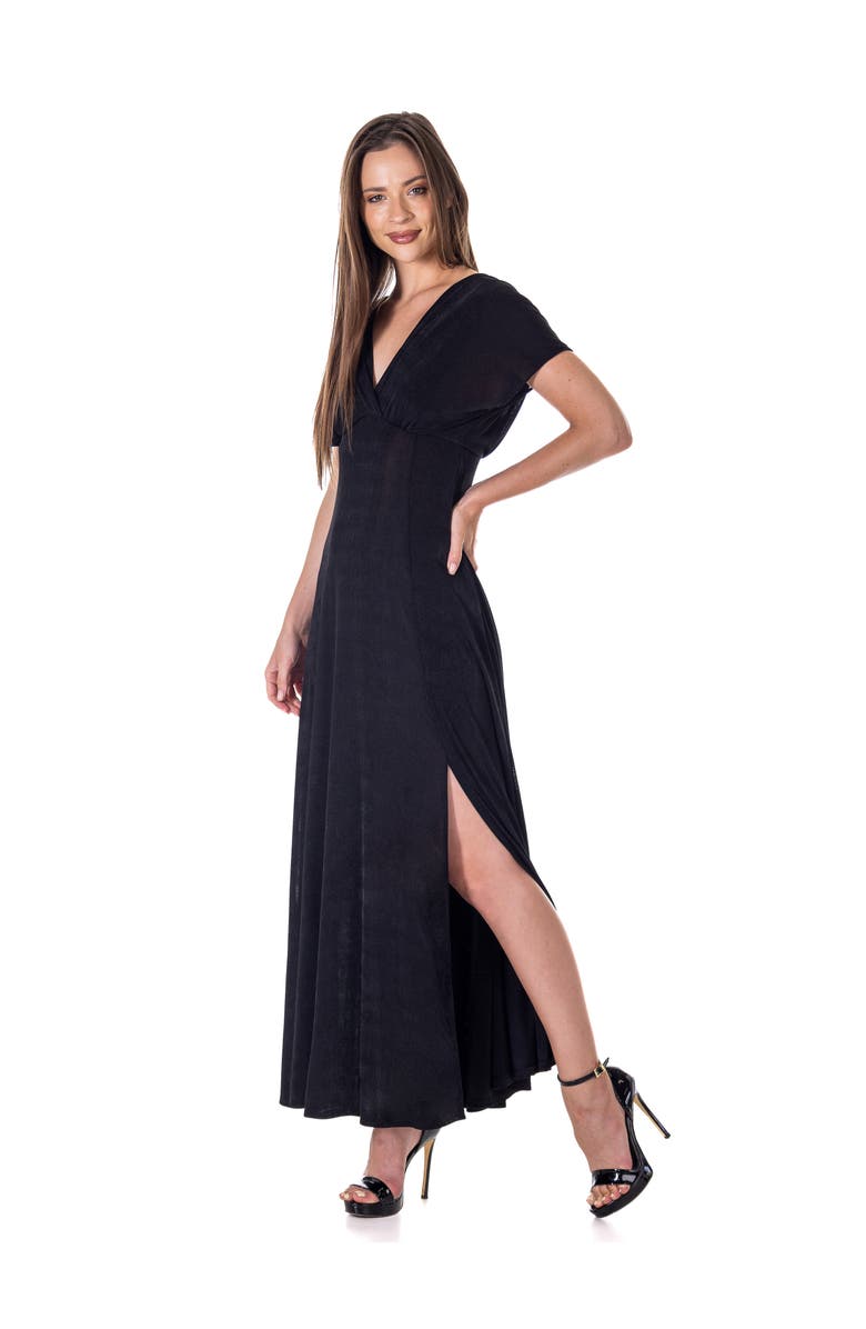 24seven Comfort Apparel Womens Flutter Sleeve Metallic Knit Maxi Dress Front Slit Empire Waist, Alternate, color, Black