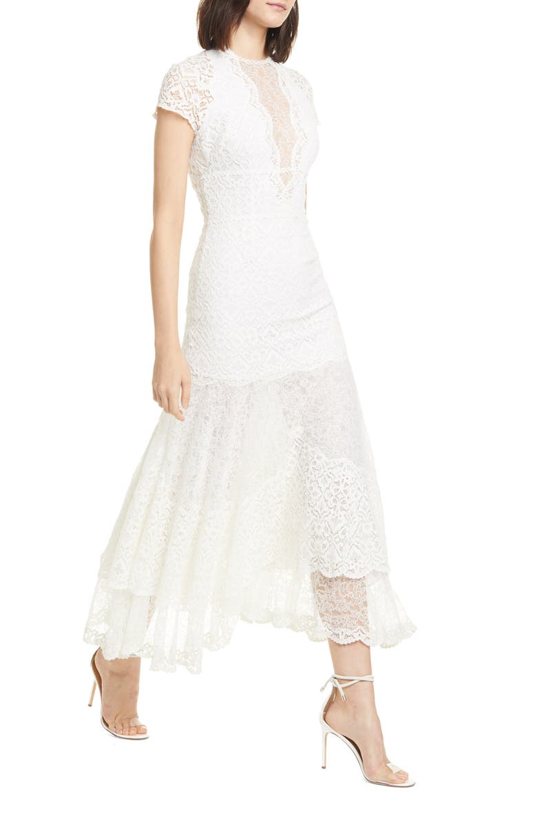 Simkhai Jonathan Simkhai Tiered Mixed Lace Midi Dress, Alternate, color, 