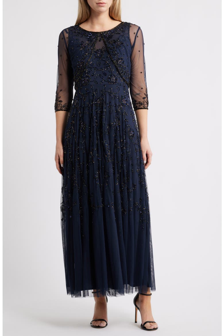 Beaded Mesh Gown with Jacket, Main, color, NAVY