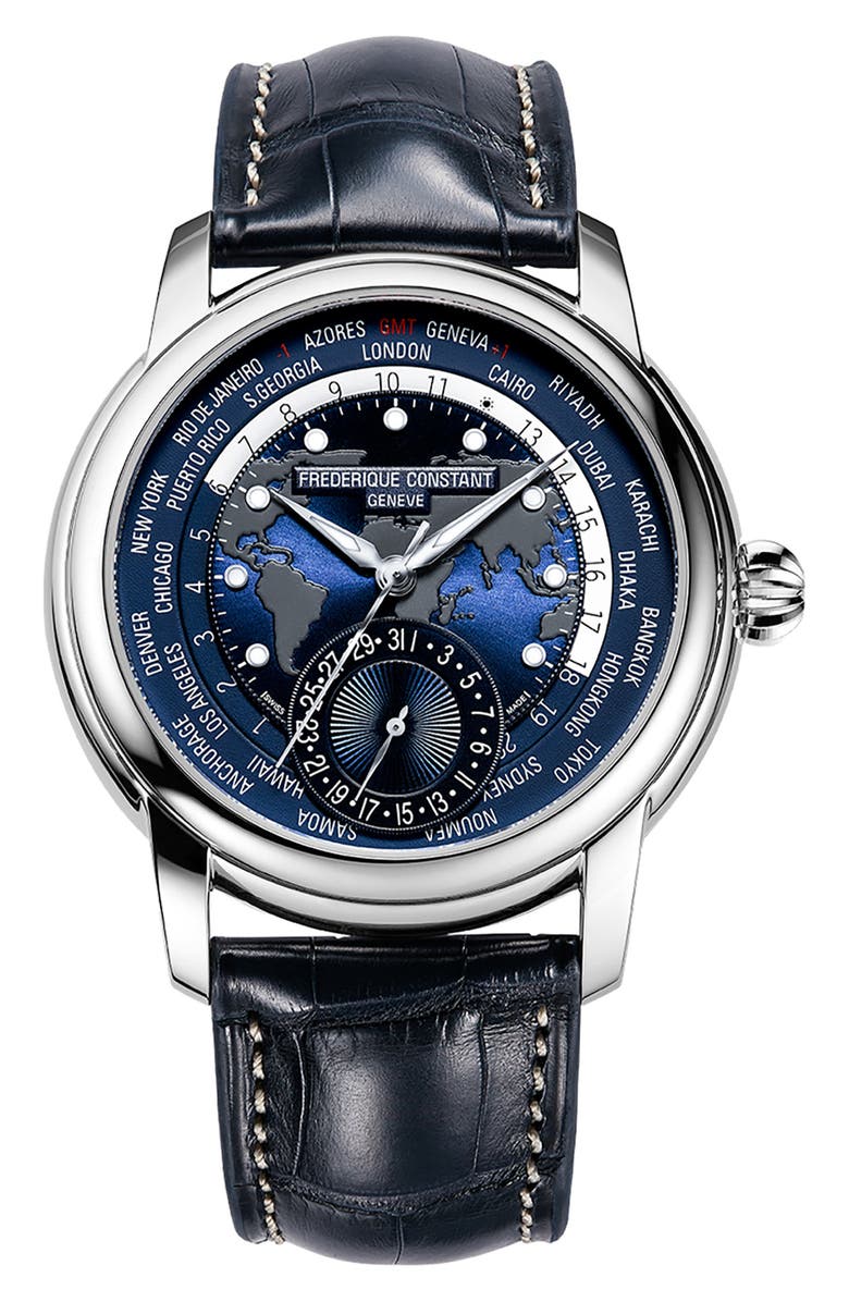 FREDERIQUE CONSTANT Classic Manufacture Worldtimer Navy Automatic Leather Strap Watch, 42mm, Main, color, Navy/ Silver