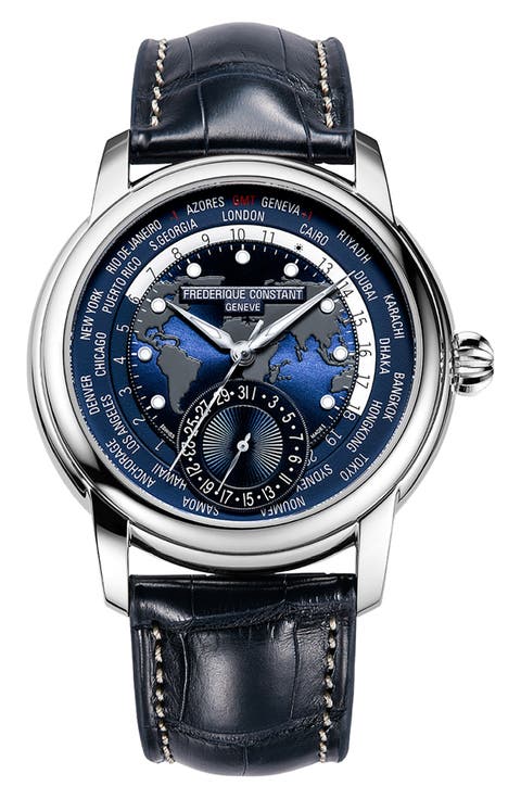 Classic Manufacture Worldtimer Navy Automatic Leather Strap Watch, 42mm
