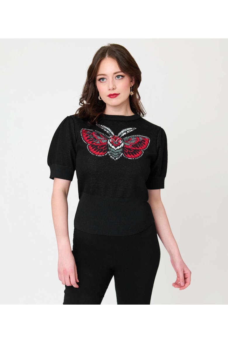 Embroidered Long Sleeve Sweater, Main, color, Black Moth Print