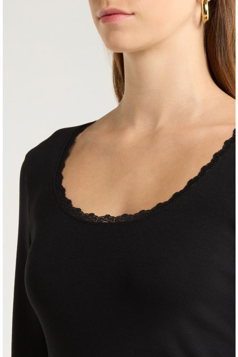 Lace Trim Stretch Cotton Top, Alternate, color, BLACK