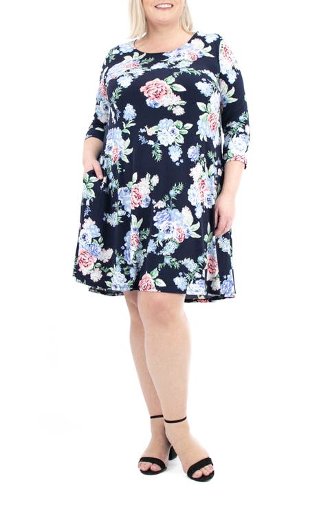 Three-Quarter Sleeve Stretch Knit Trapeze Dress