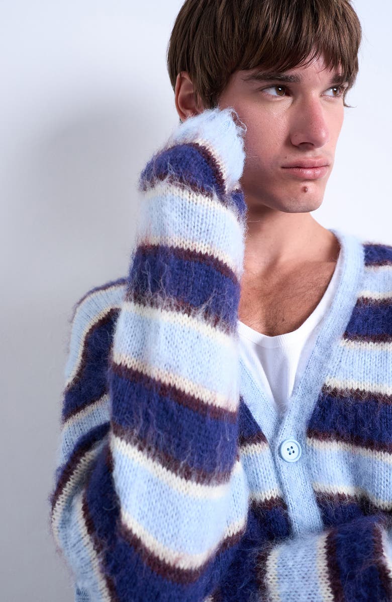 Topman Oversize Stripe Fluffy Cardigan, Alternate, color, Blue