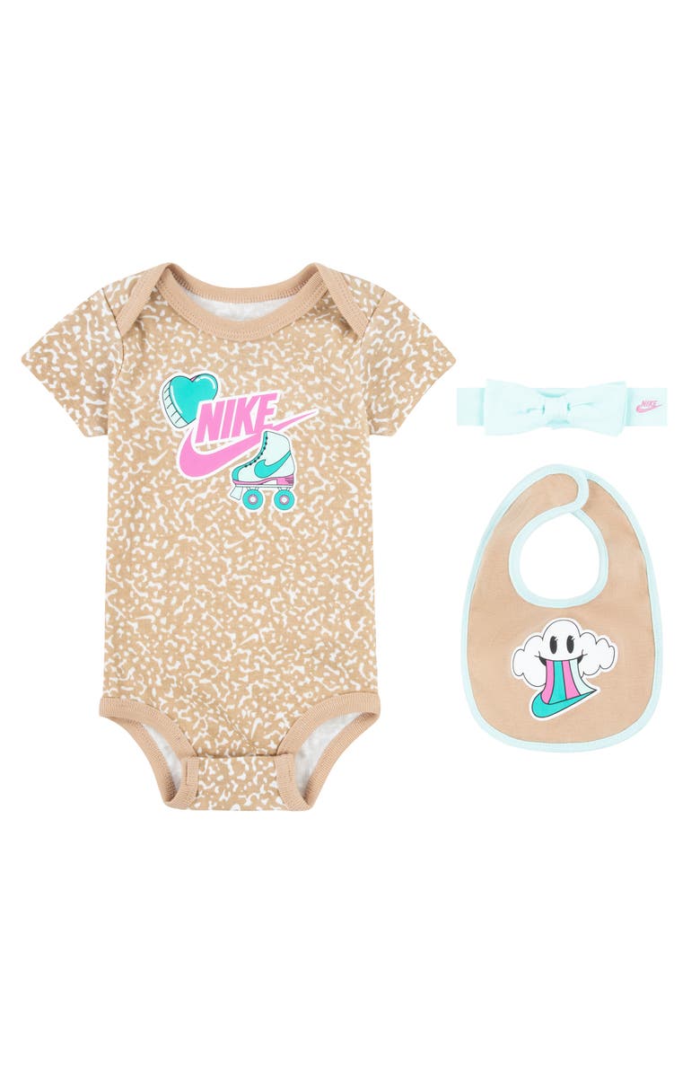 Nike 3-Piece 'N' Is For Nike Bodysuit, Bib & Headband Set, Main, color, 