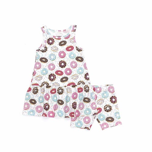 Norani Kids Organic Drop Waist Dress With Matching Biker Shorts In Donuts