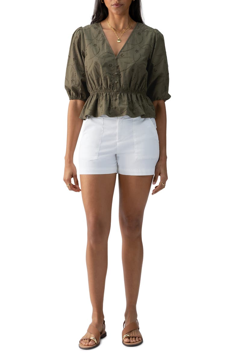Eyelet Embroidered Peplum Cotton Top, Alternate, color, BURNT OLIVE