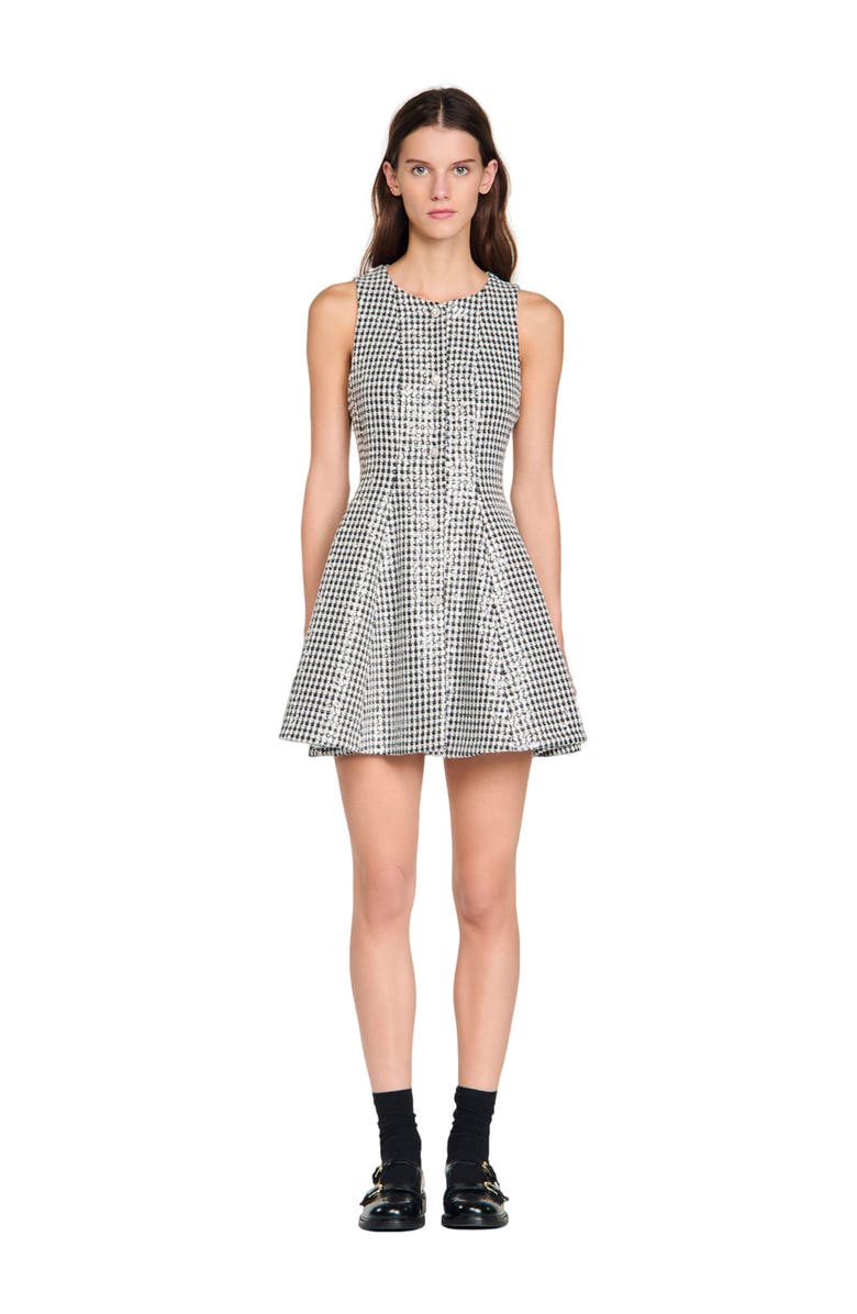 SANDRO Tweed and sequin short dress, Alternate, color, Black / White