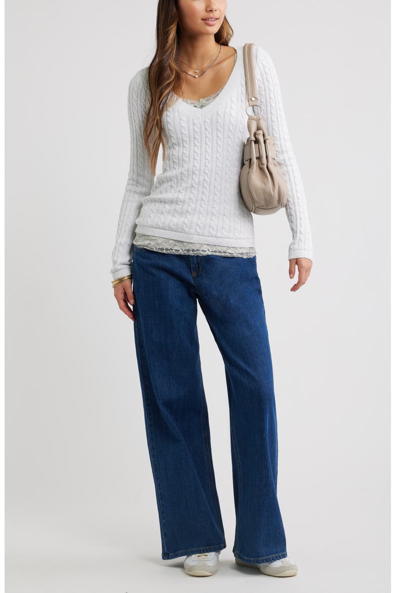 Cable Stitch V-Neck Sweater, Alternate, color, GREY FOG HEATHER